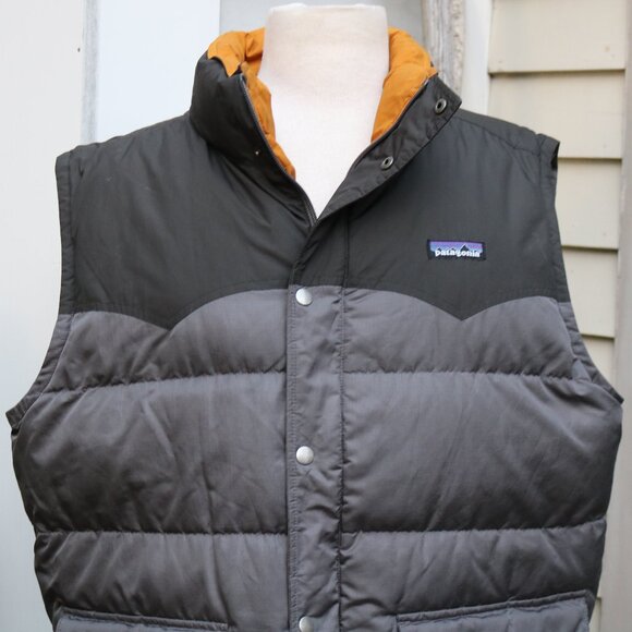 Patagonia 2 Tone Grey Mustard Down Insulated Puffer Vest Sz XL - Picture 2 of 10